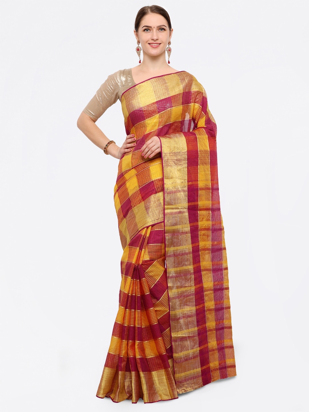 

Saree mall Magenta & Yellow Art Silk Checked Venkatgiri Saree