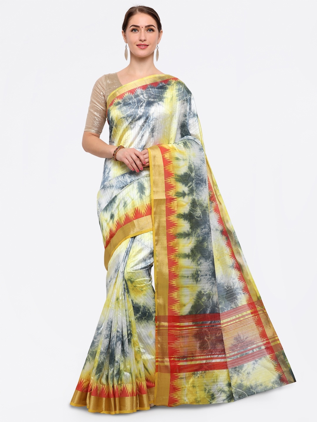 

Saree mall Grey & Yellow Silk Blend Printed Bandhani Saree