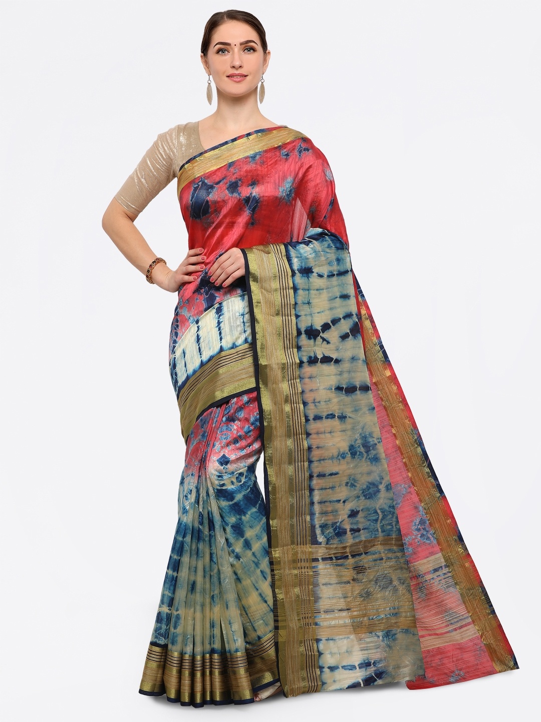 

Saree mall Off-White & Blue Silk Blend Printed Bandhani Saree
