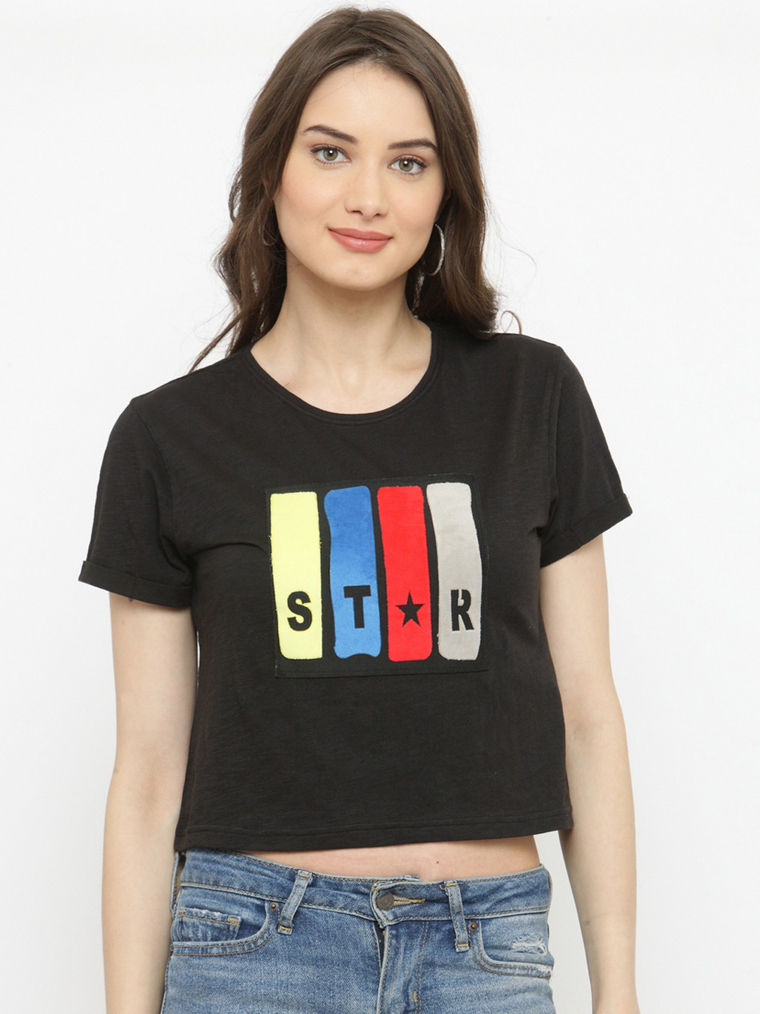 

plusS Women Black Printed Round Neck T-shirt