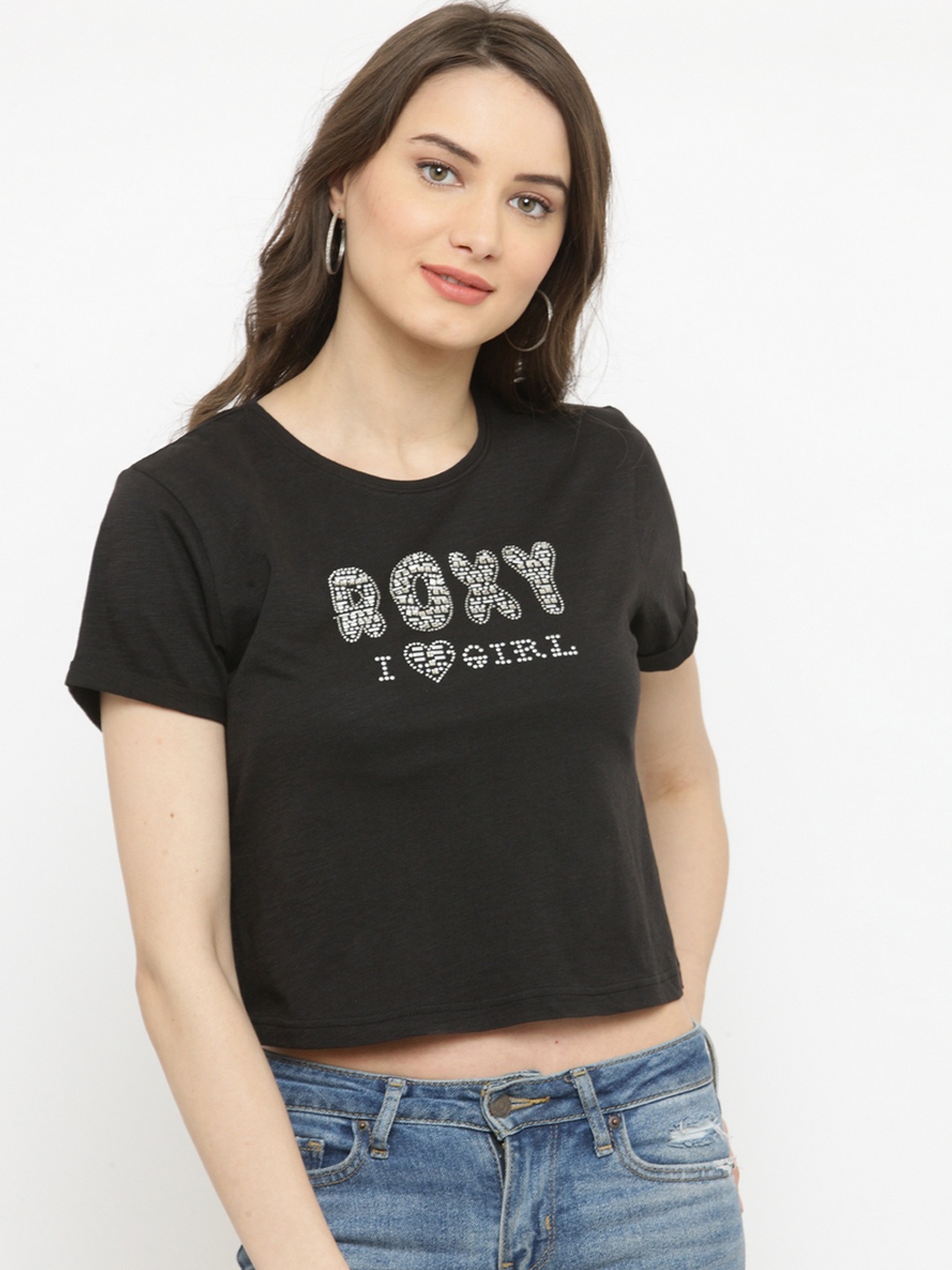 

plusS Women Black Printed Round Neck T-shirt