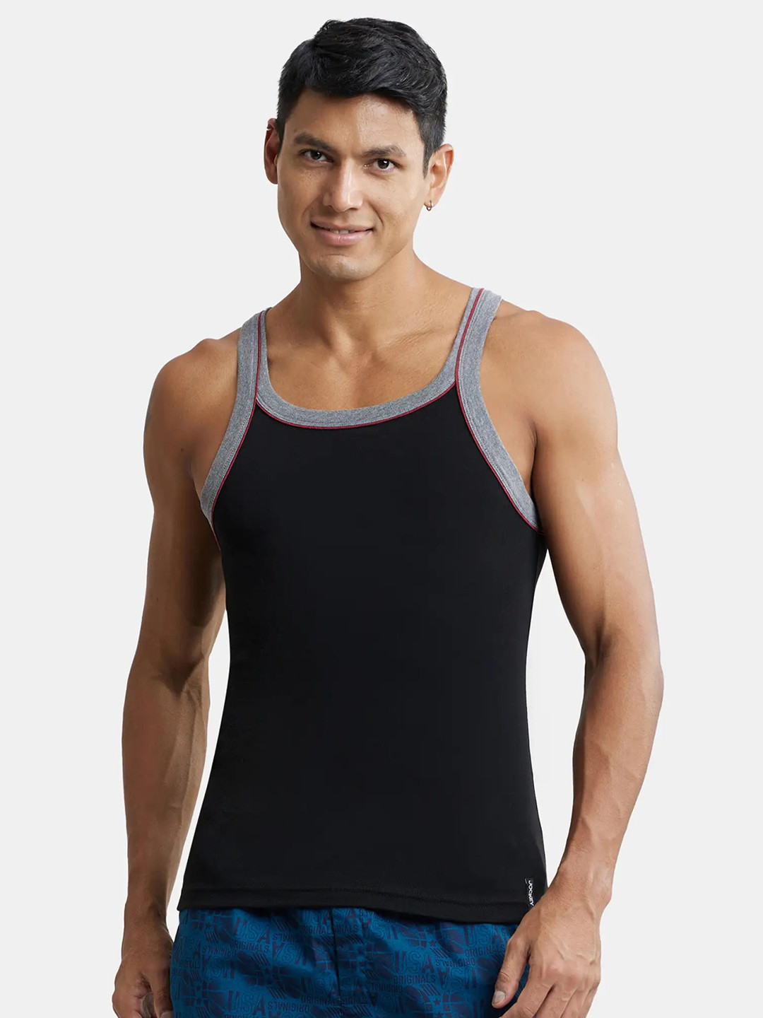 

Jockey Combed Cotton Rib Square Neck Gym Vest with Graphic Print-US54, Black