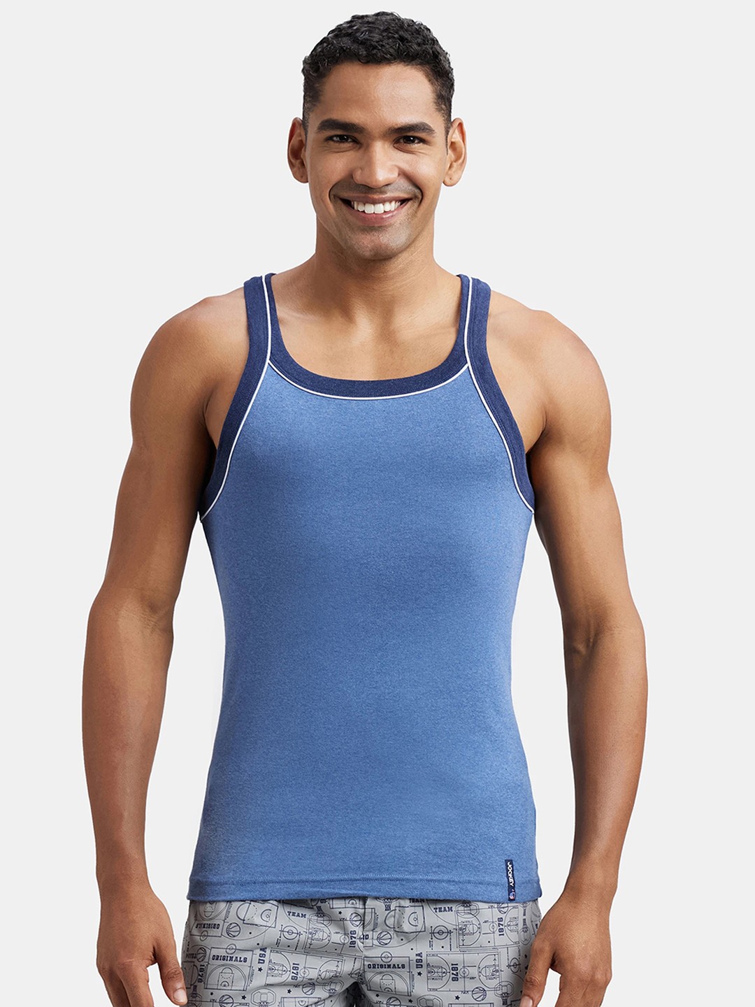 

Jockey Combed Cotton Rib Square Neck Gym Vest with Graphic Print-US54, Blue
