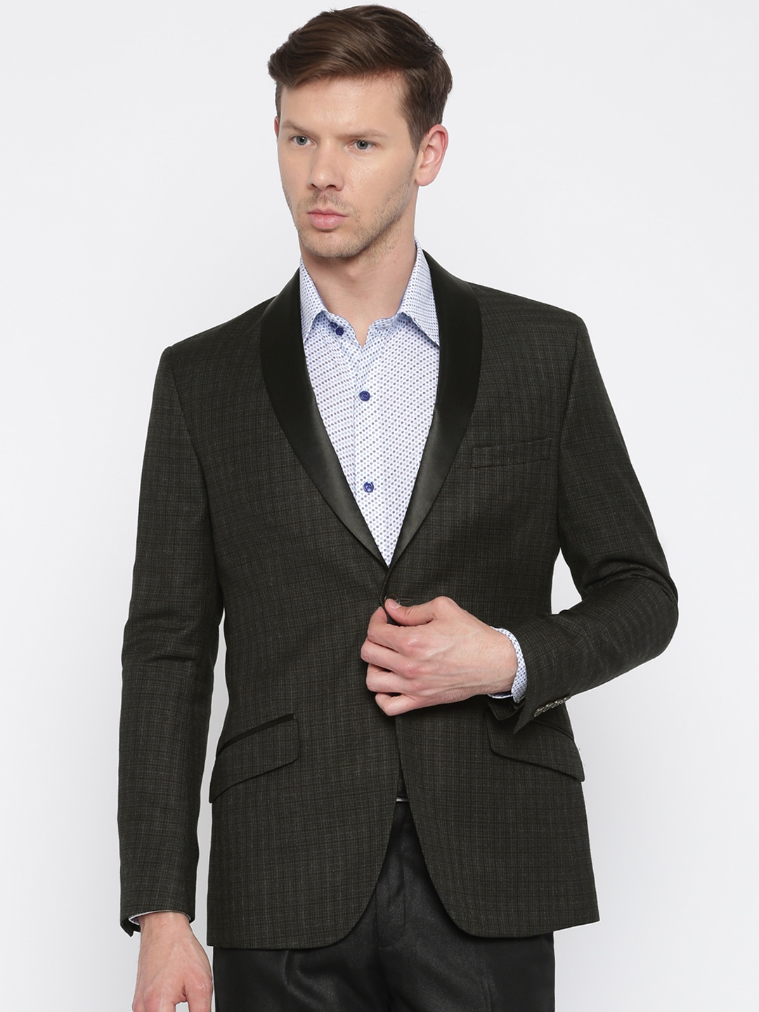 

Theme Men Charcoal Grey & Brown Super Slim Fitted Single-Breasted Blazer