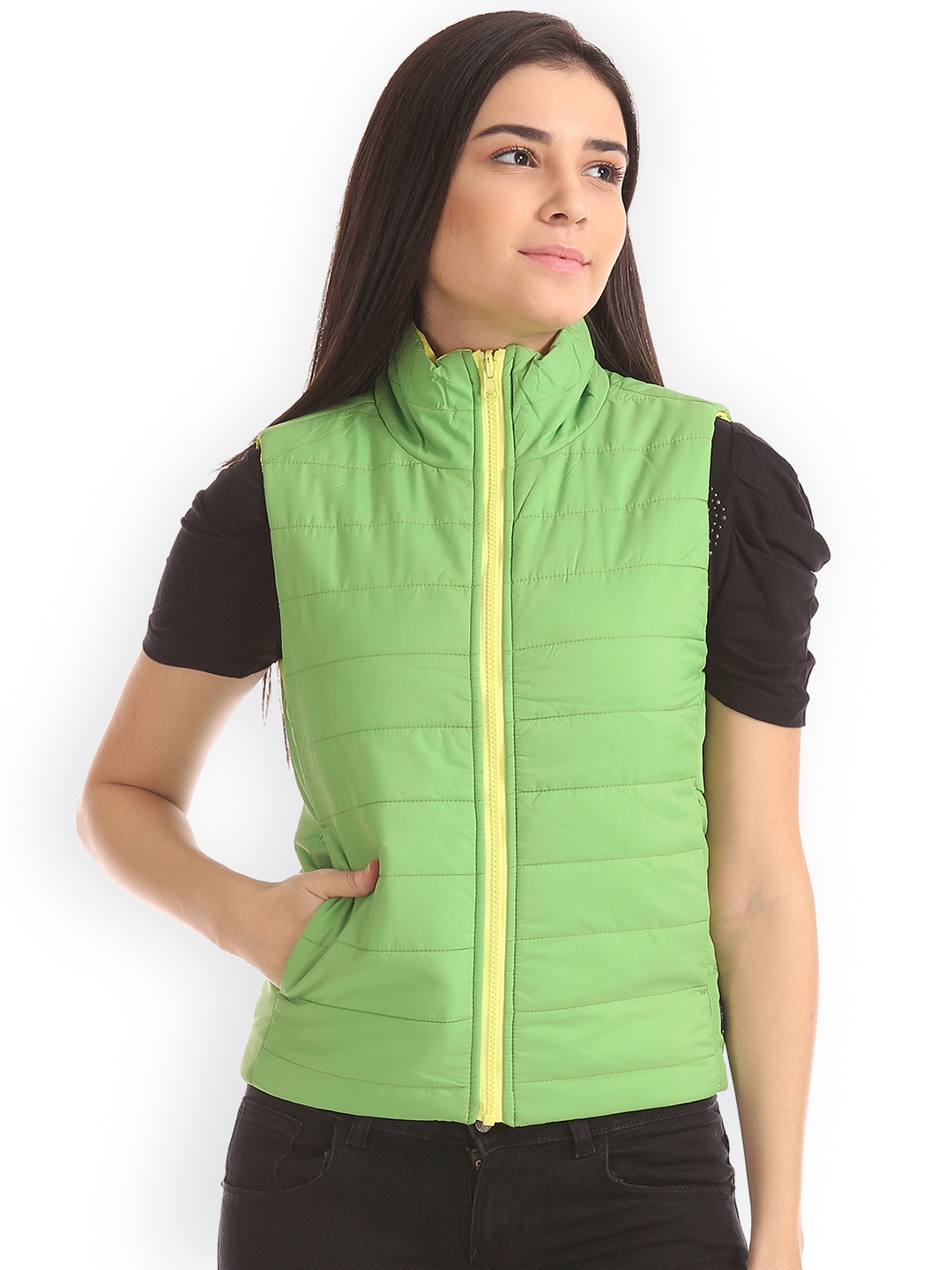 

Flying Machine Women Green Solid Padded Jacket