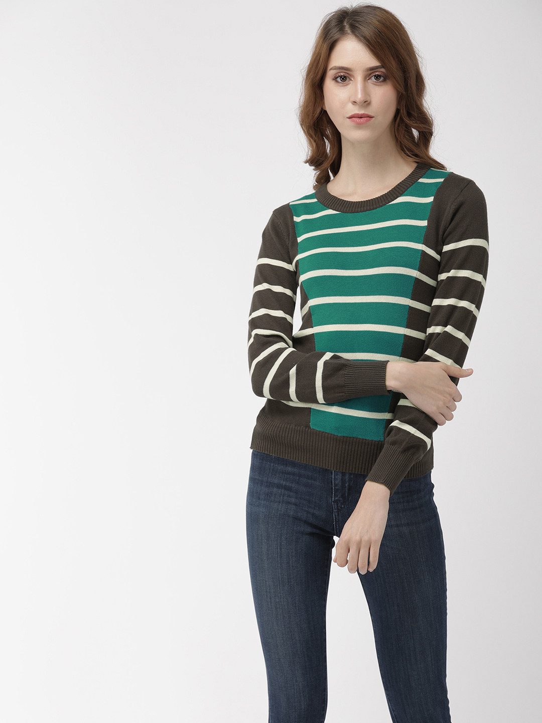 

Flying Machine Women Green & Off-White Striped Pullover Sweater, Grey