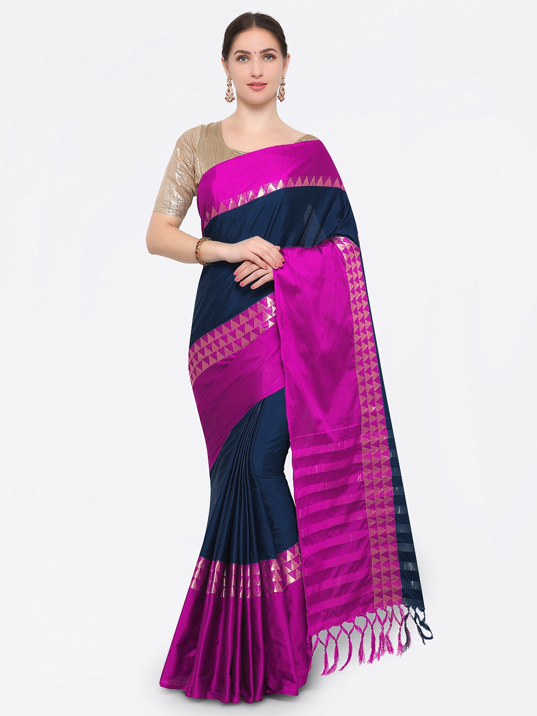 

Saree mall Navy Blue Cotton Blend Printed Banarasi Saree