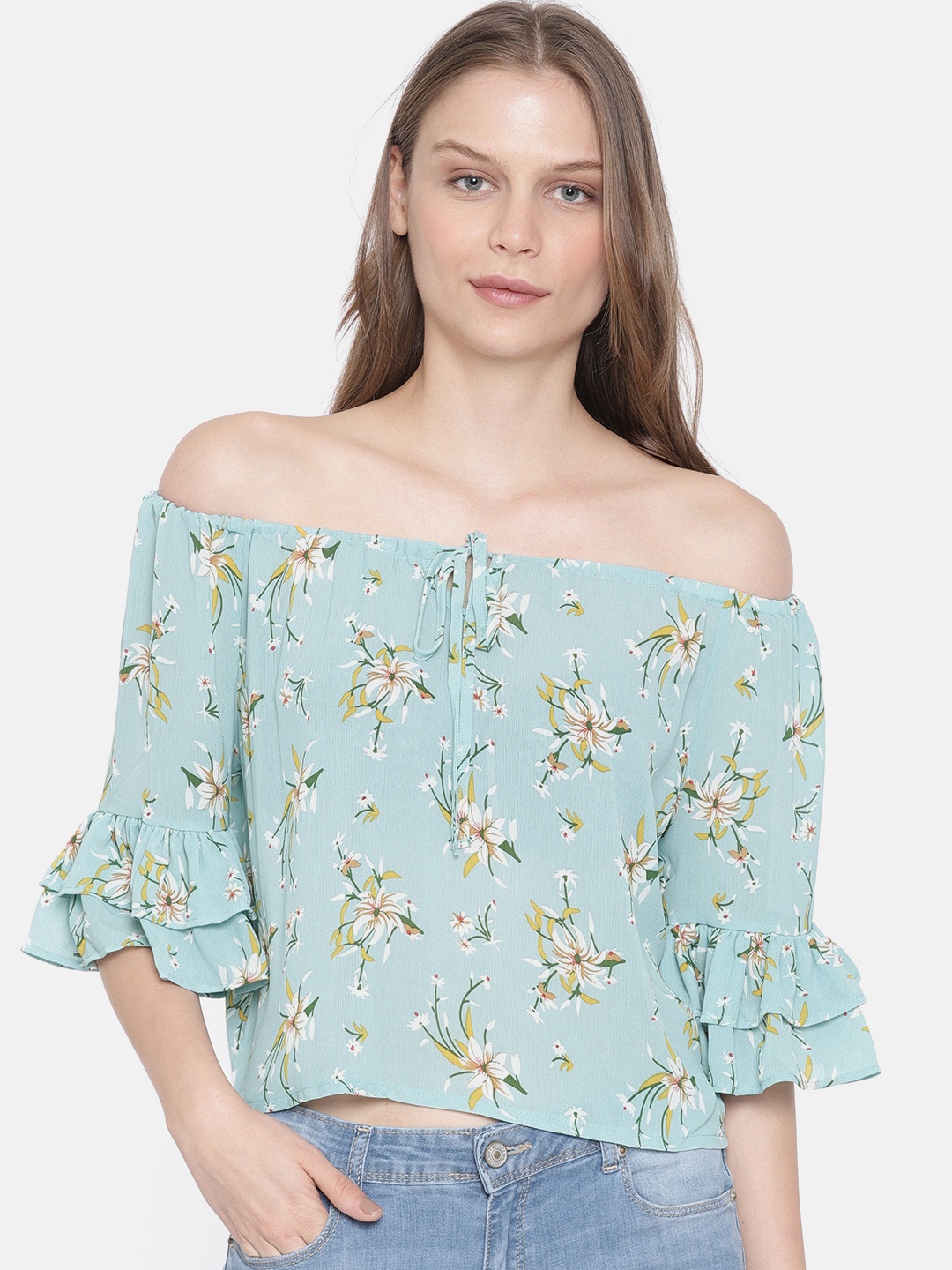 

Lee Cooper Women Sea Green Printed Bardot Top