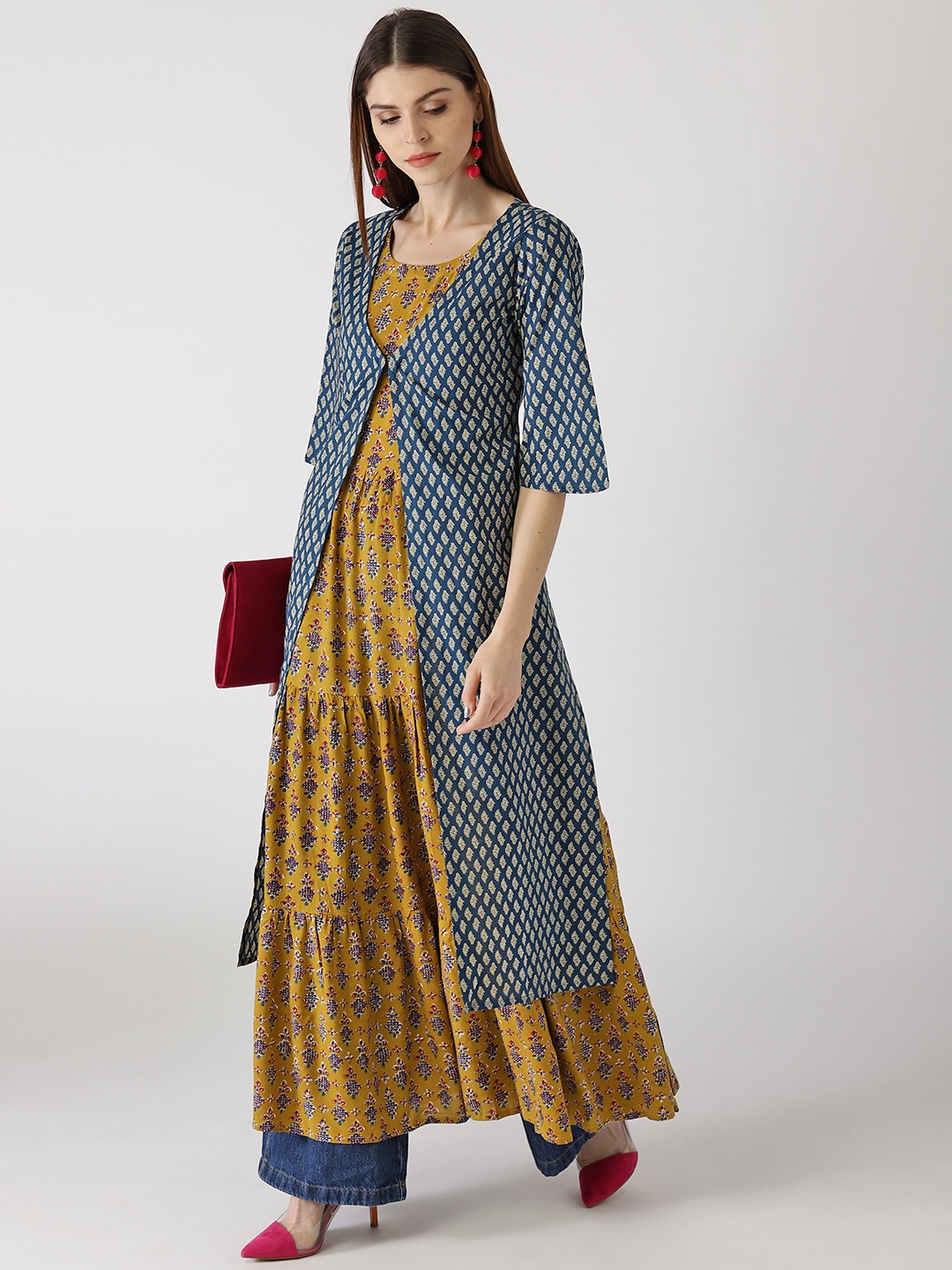 

Libas Women Mustard Yellow & Blue Printed Tiered Layered Anarkali Kurta