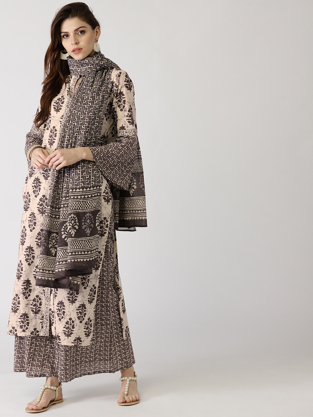

Libas Women Off-White & Brown Printed Kurta with Palazzos & Dupatta