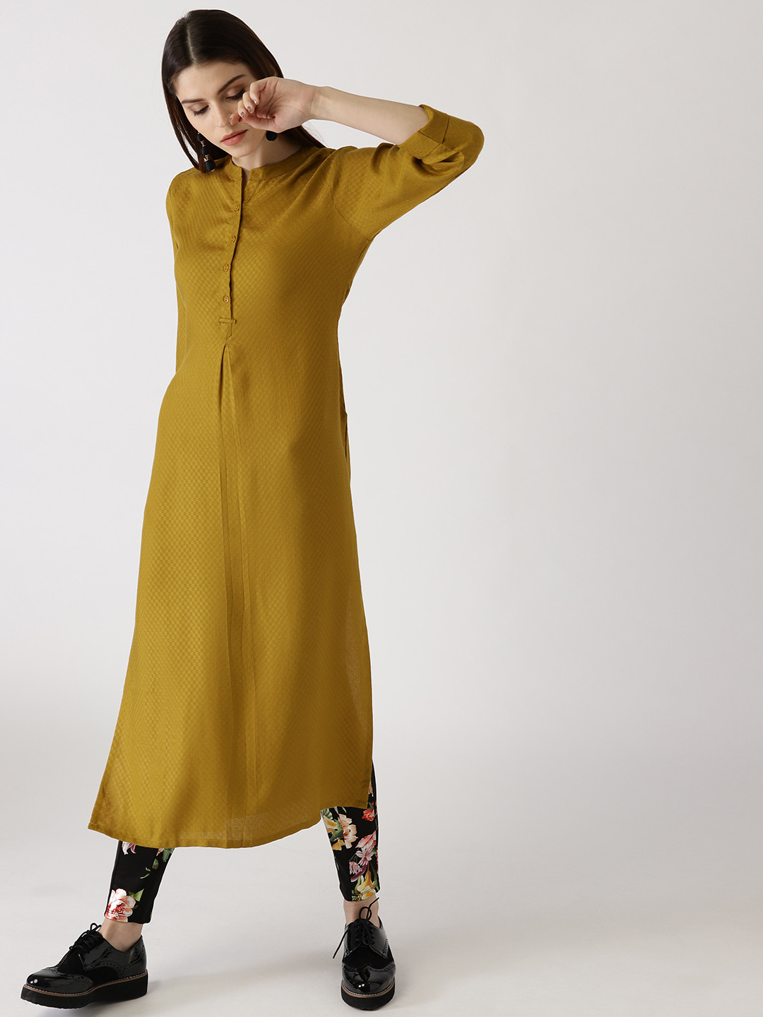 

Libas Women Mustard Yellow Woven Design Straight Kurta