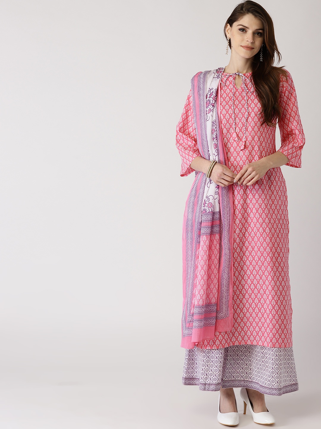 

Libas Women Pink & White Printed Kurta with Palazzos & Dupatta