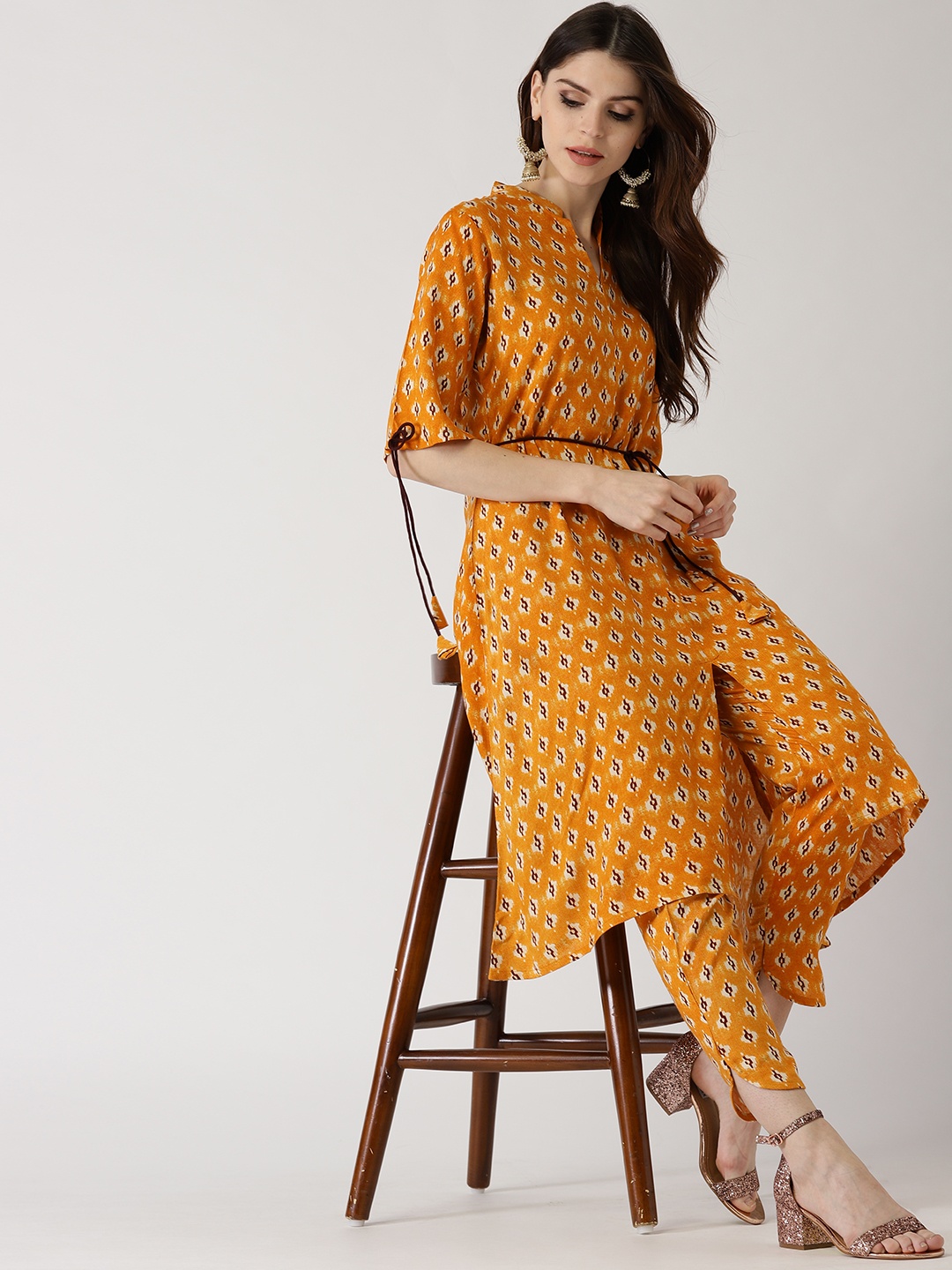 

Libas Women Mustard Yellow & Maroon Printed Kurta with Trousers