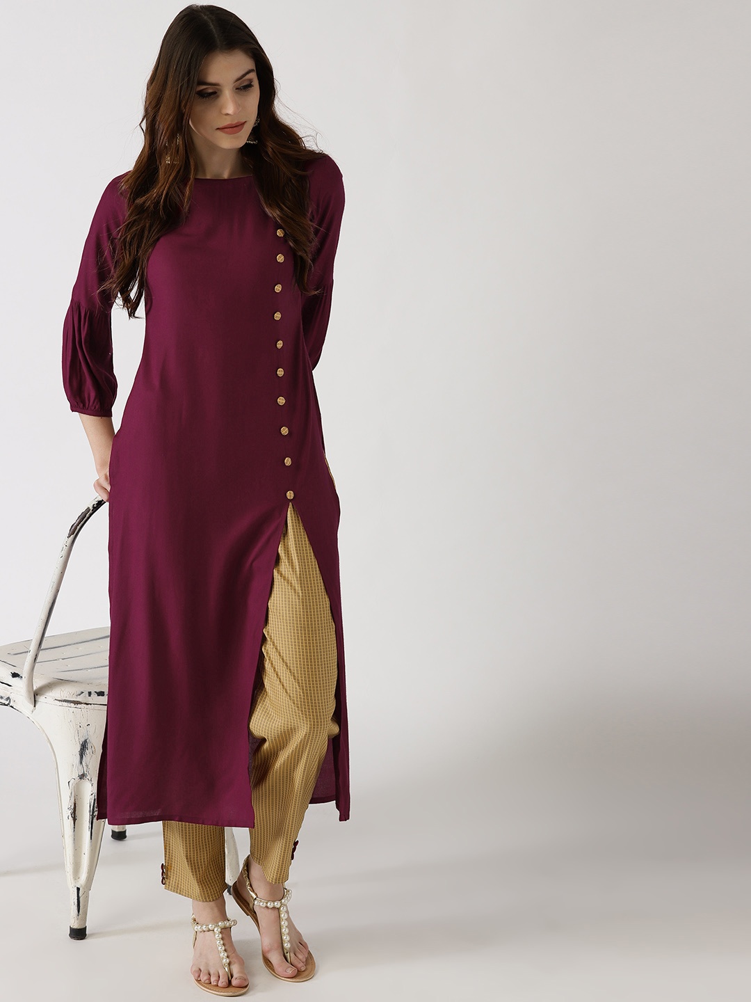 

Libas Women Purple & Yellow Solid Kurta with Trousers