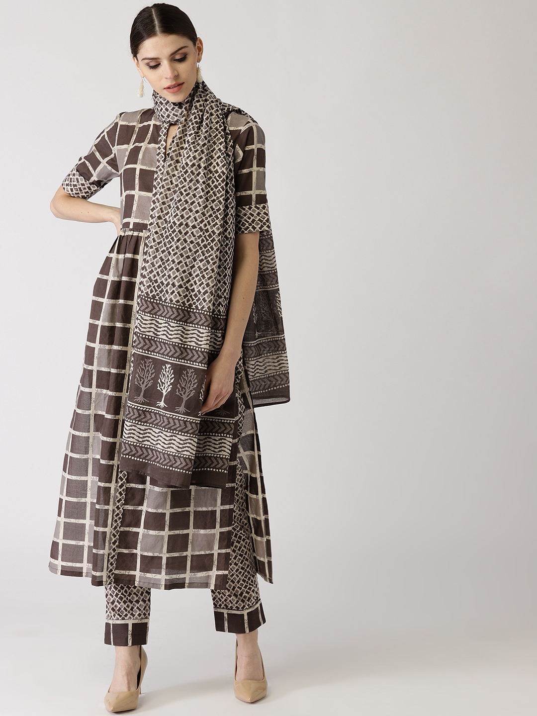 

Libas Women Brown & Taupe Printed Kurta with Trousers & Dupatta