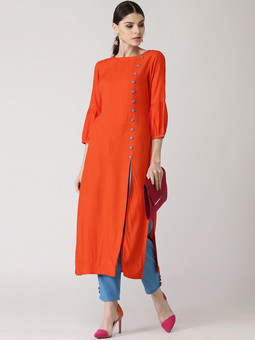 

Libas Women Orange & Blue Solid Kurta with Trousers