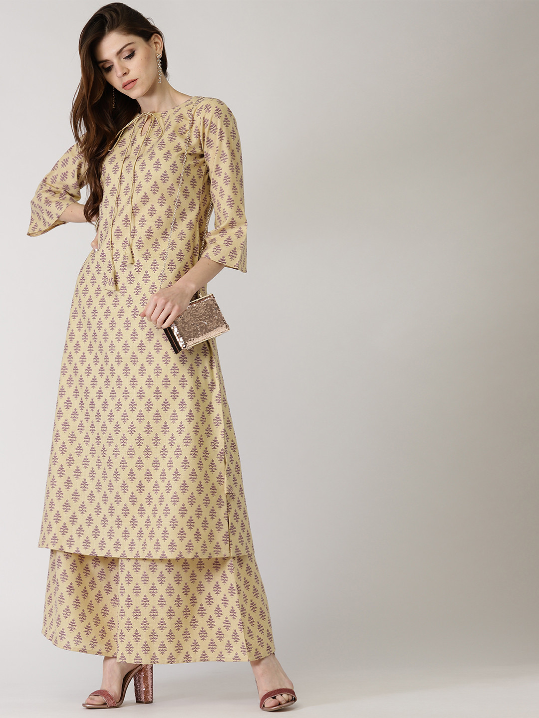 

Libas Women Beige & Purple Printed Kurta with Palazzos