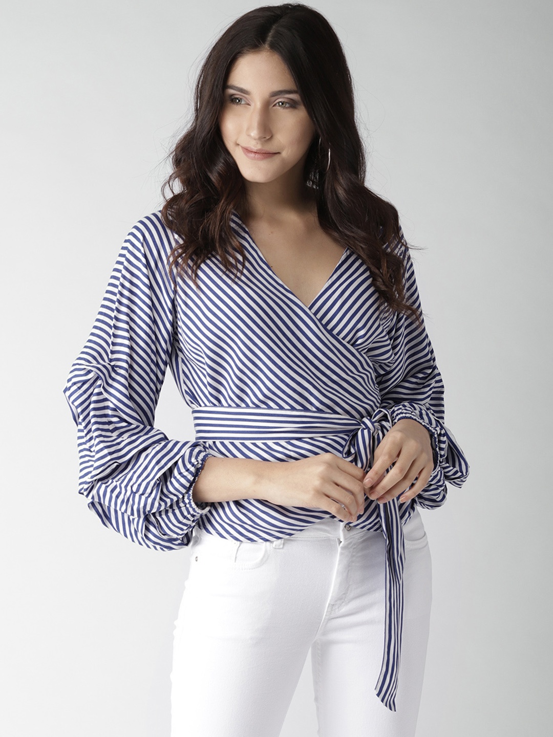 

Style Quotient Women Blue Striped Wrap Top