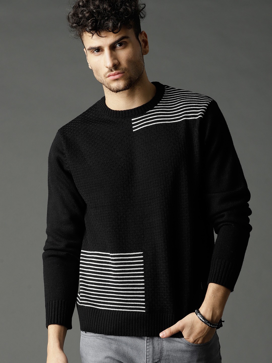 

Roadster Men Black Self-Design Round Neck Pullover