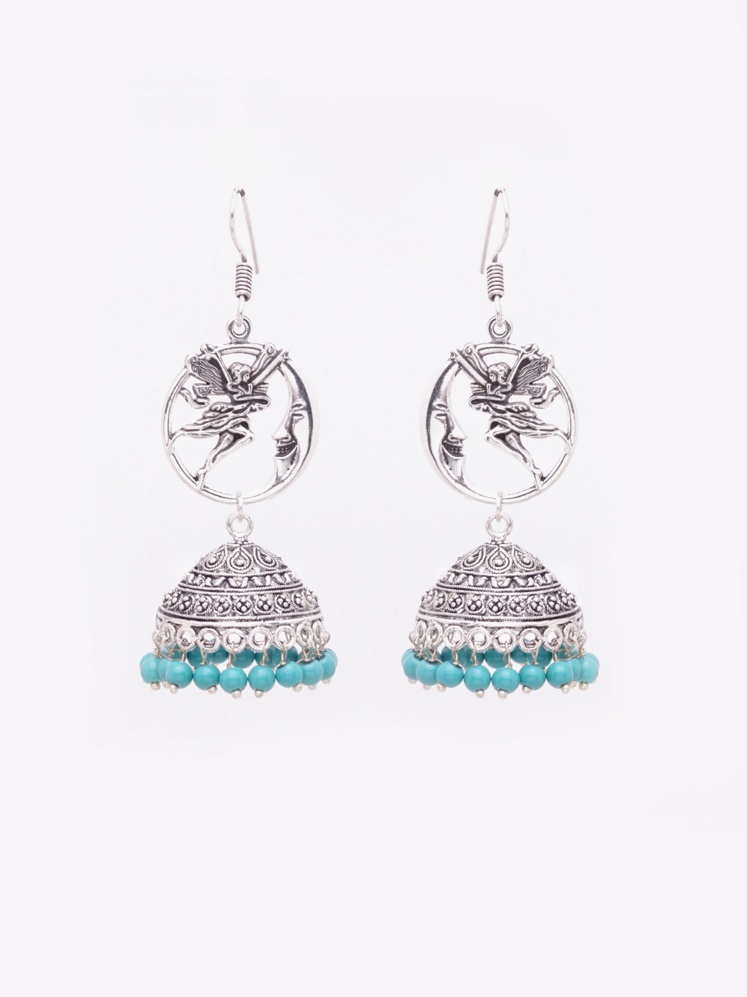 

Moedbuille Silver-Toned & Turquoise Blue Circular Jhumkas