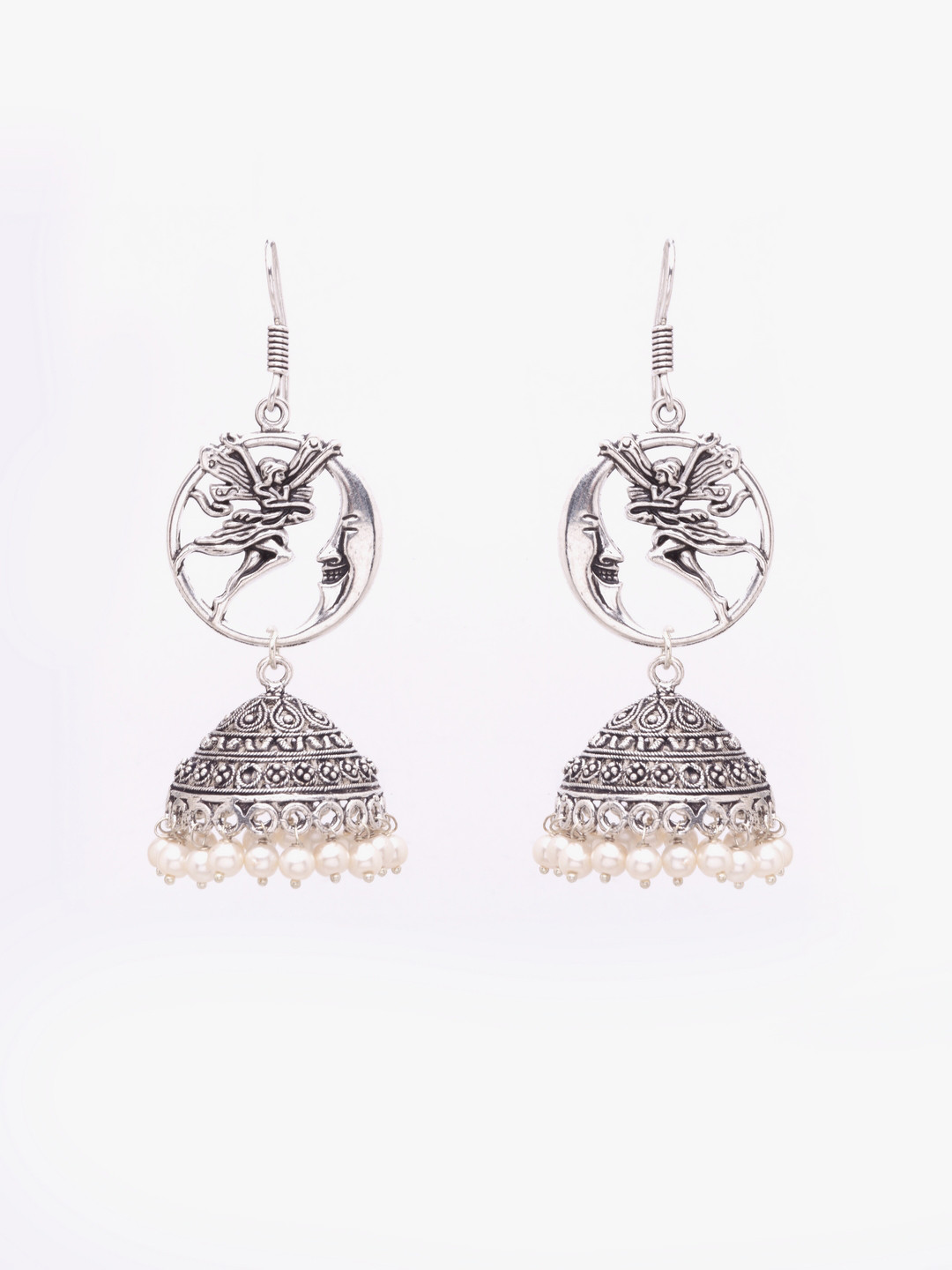 

Moedbuille Silver-Toned & White Circular Jhumkas