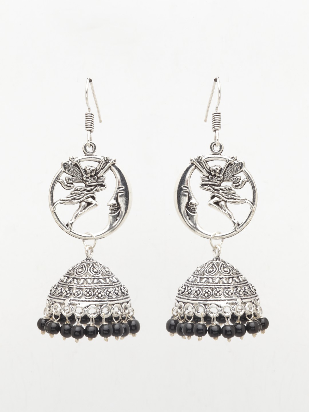 

Moedbuille Silver-Toned & Black Circular Jhumkas
