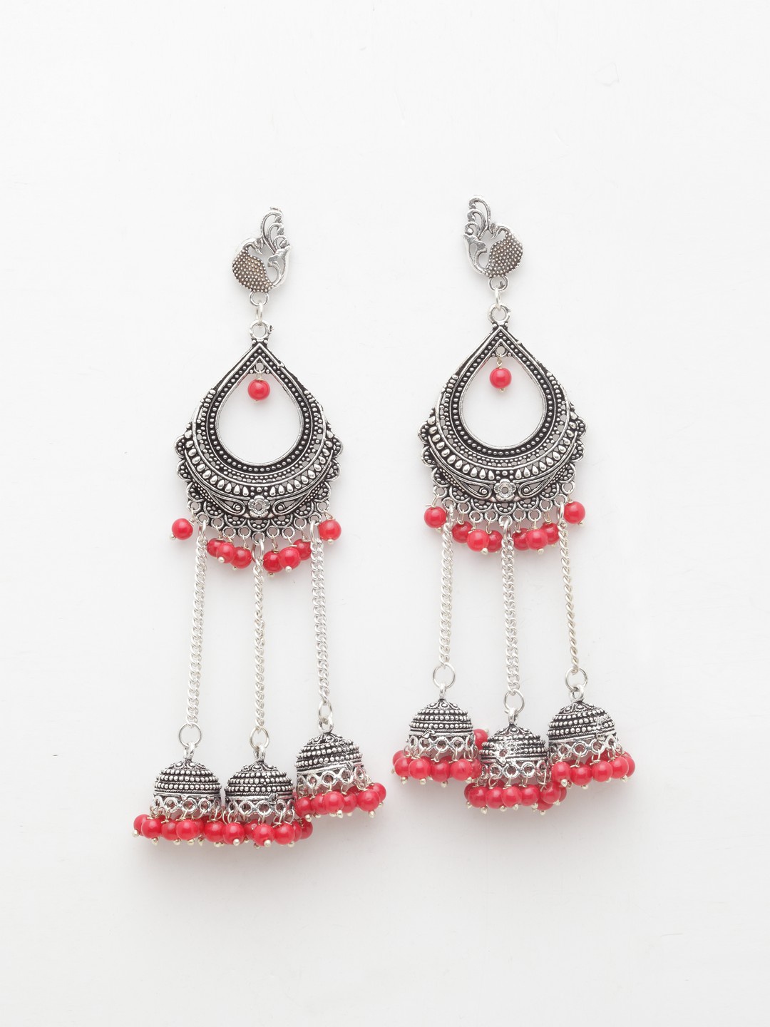 

Moedbuille Silver-Toned & Red Crescent Shaped Jhumkas