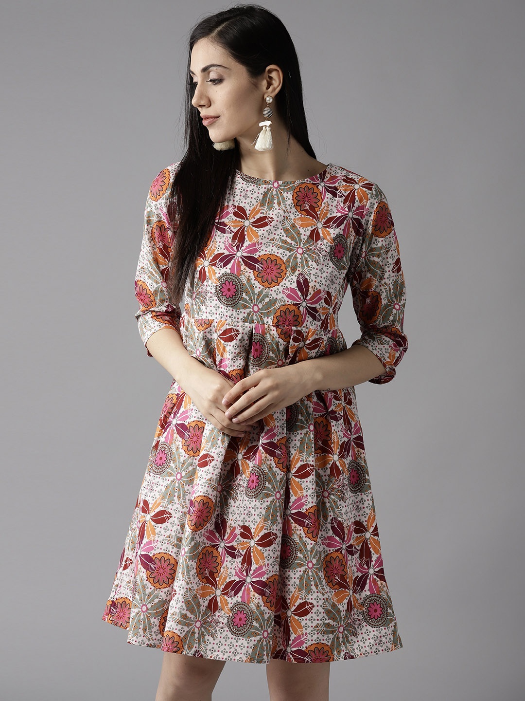 

HERE&NOW Women White & Orange Printed Empire Dress