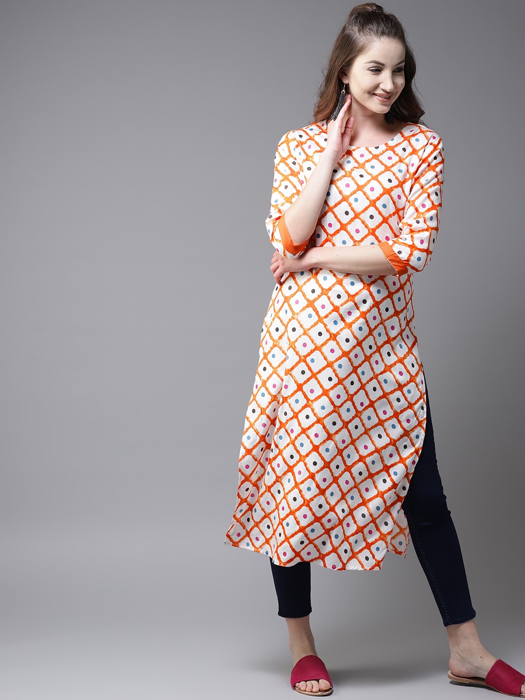 

HERE&NOW Women White & Orange Printed Straight Kurta