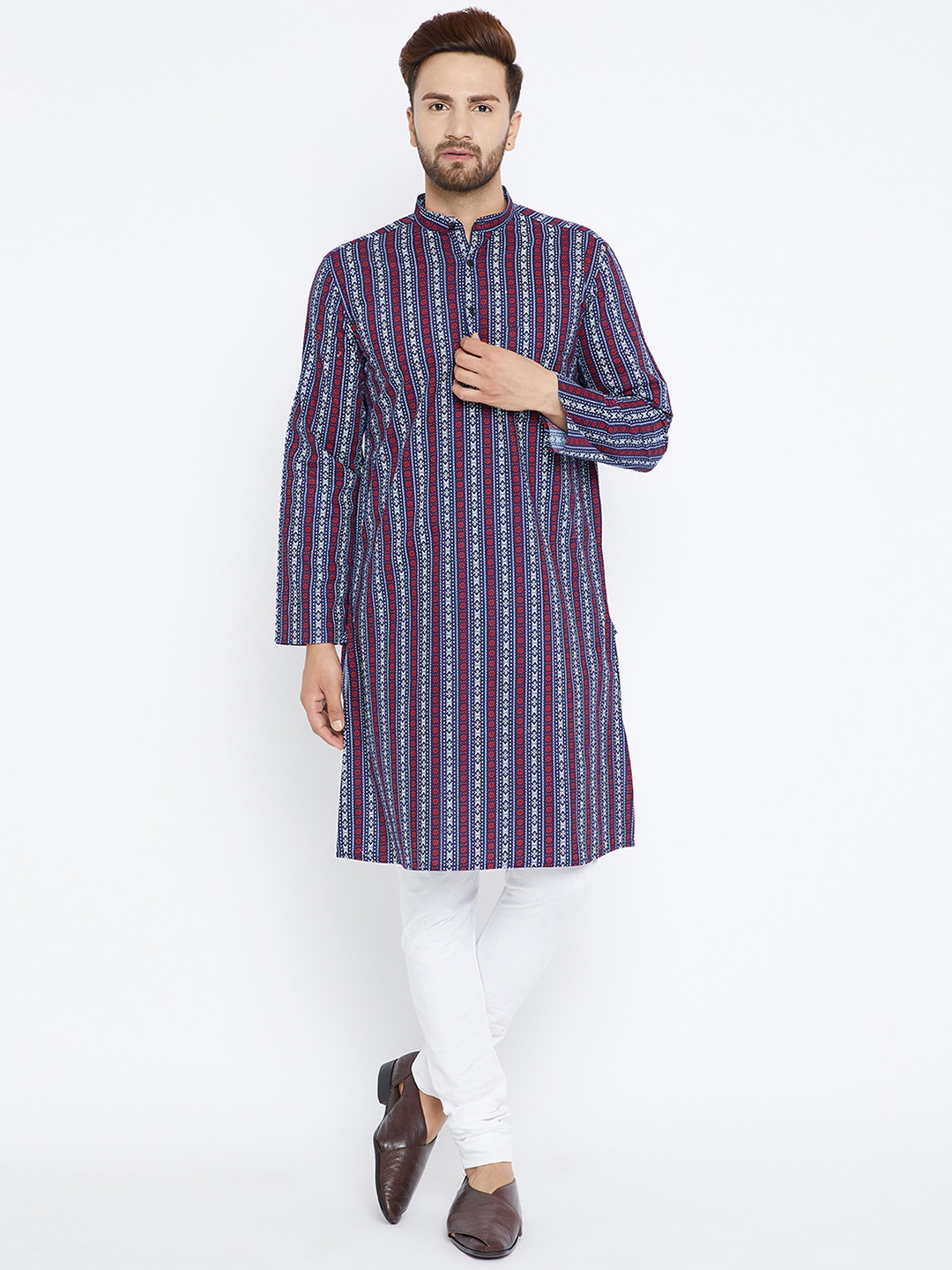 

even Men Navy Blue Woven Design A-Line Kurta
