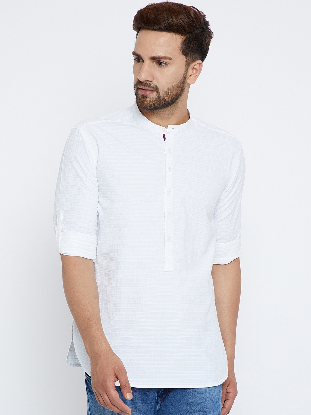 

even Men White Striped Straight Kurta