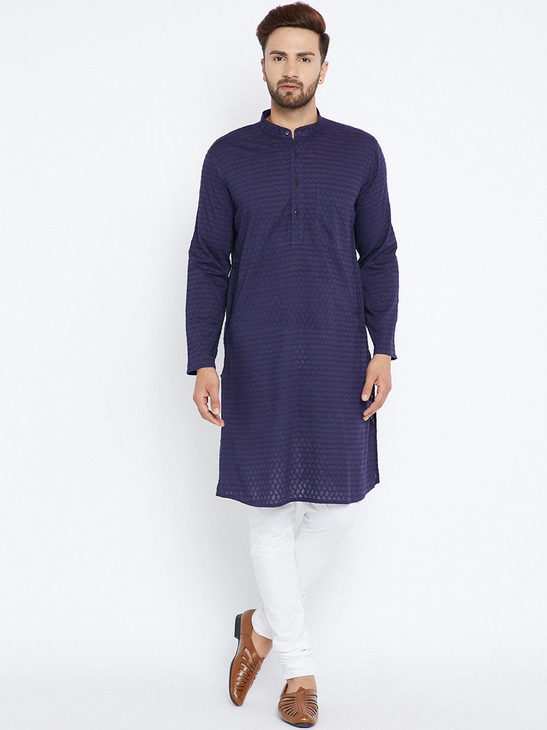 

even Men Navy Blue Striped A-Line Kurta