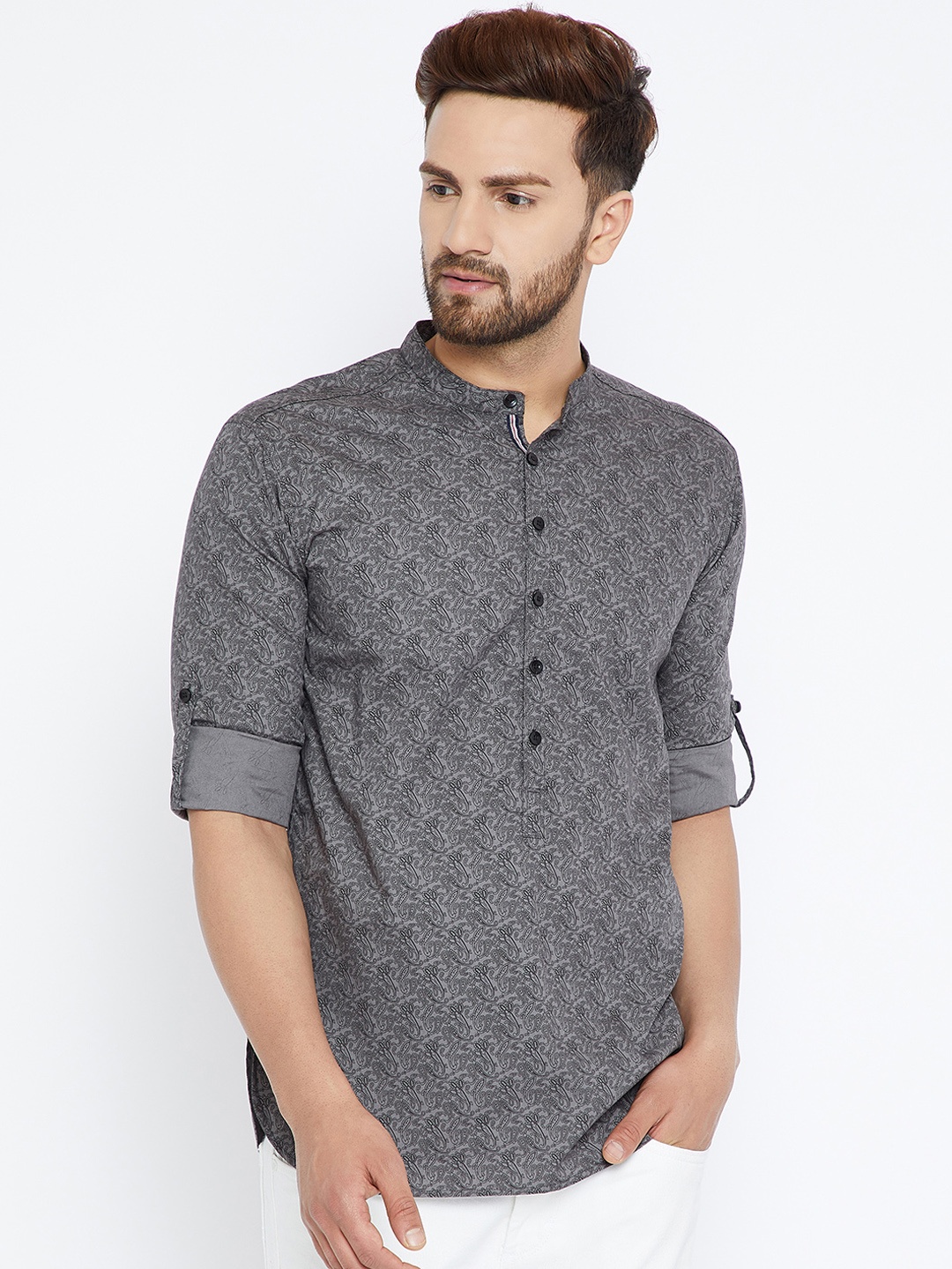 

even Men Grey Printed Straight Kurta