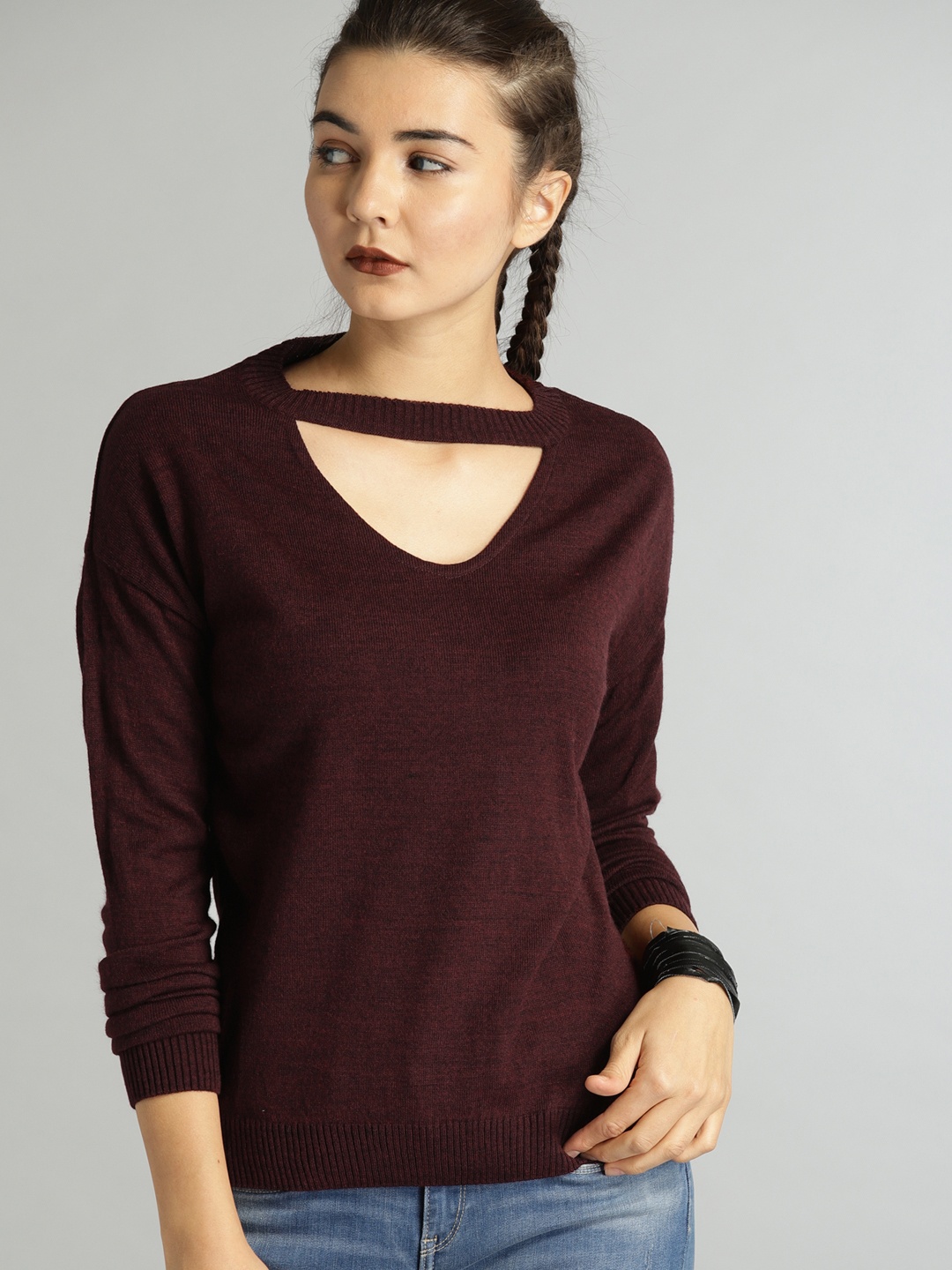 

Roadster Women Maroon Self Design Pullover