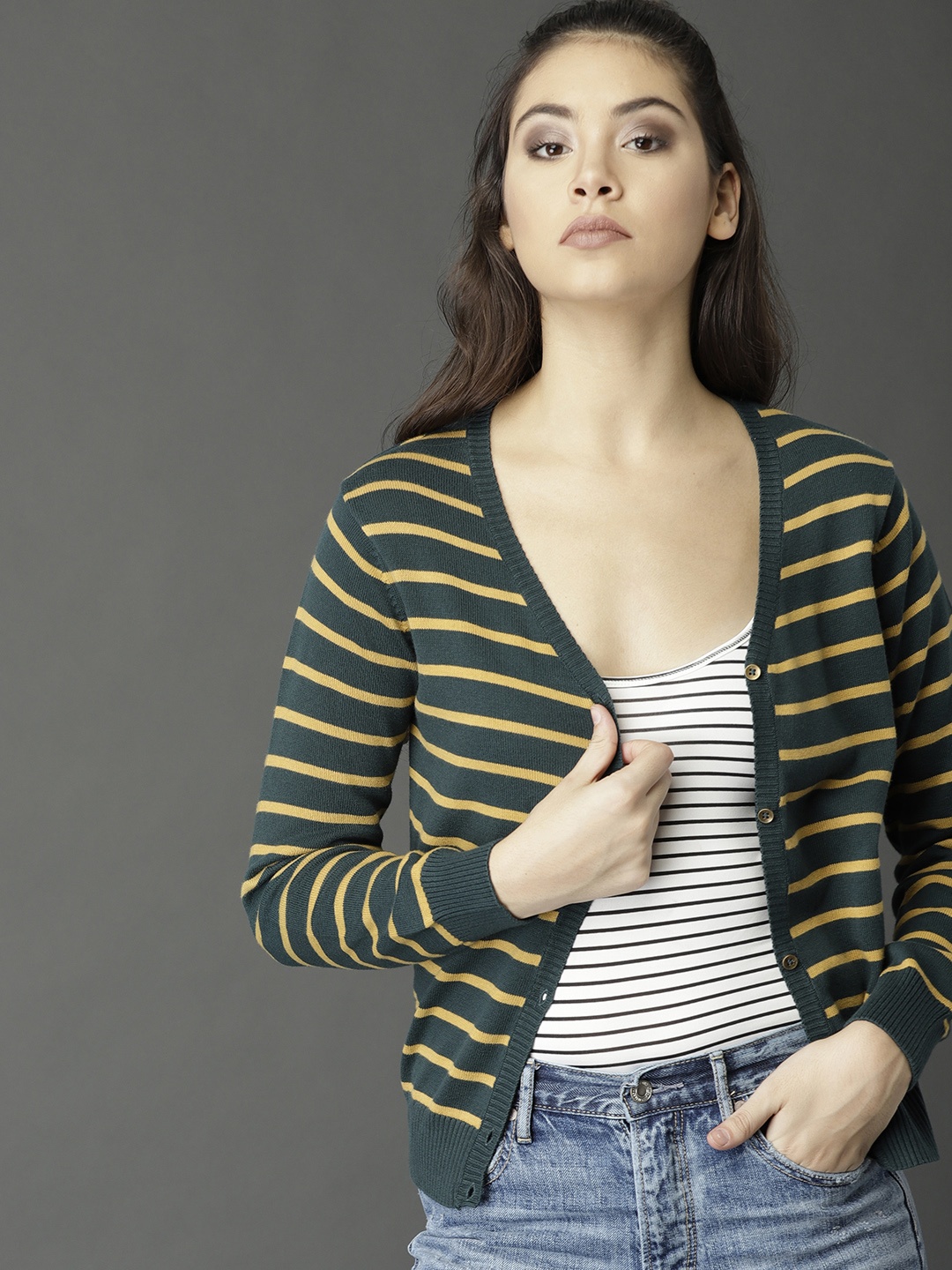 

Roadster Women Green & Yellow Striped Cardigan