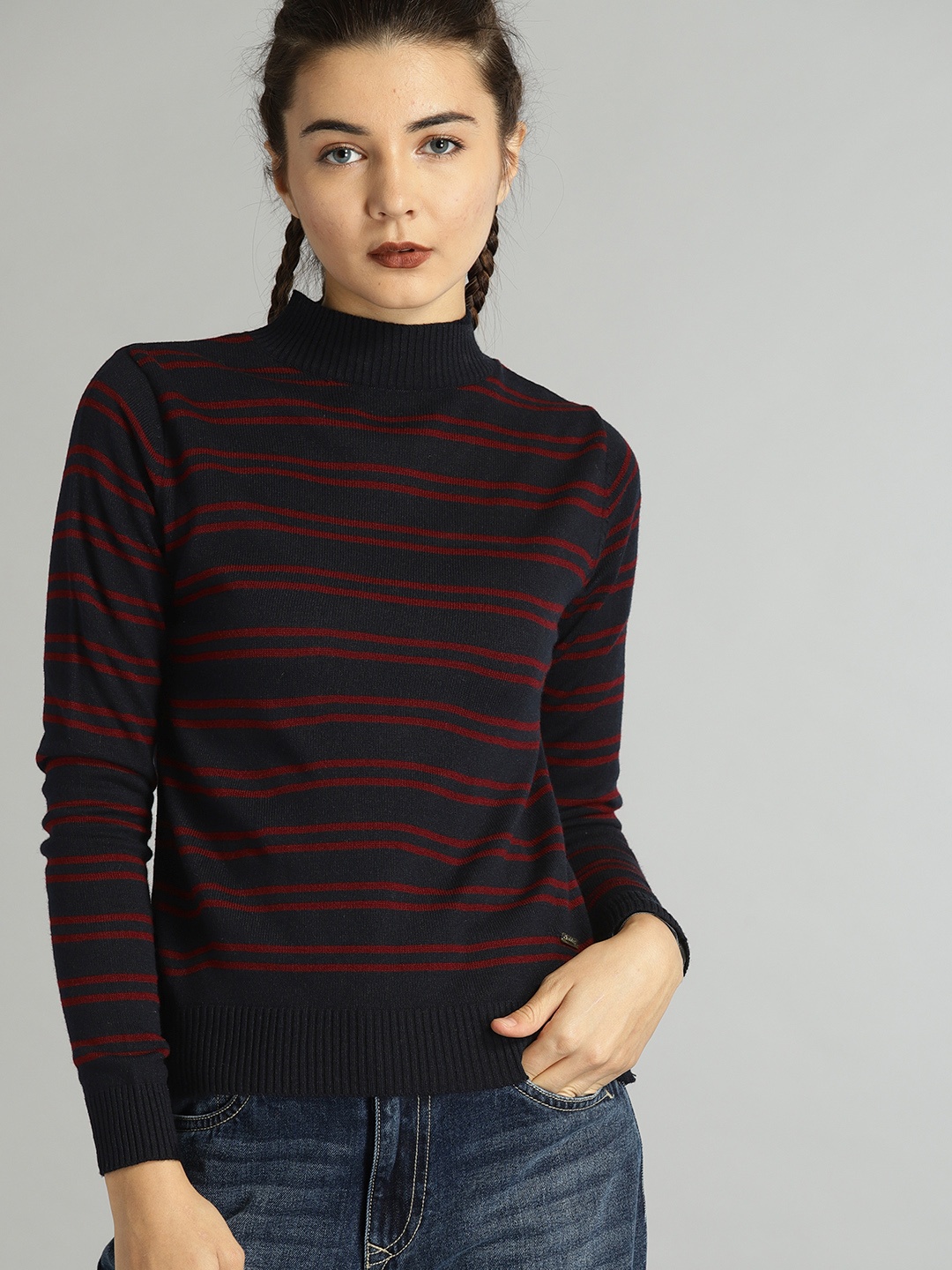 

Roadster Women Navy Blue & Maroon Striped Pullover Sweater