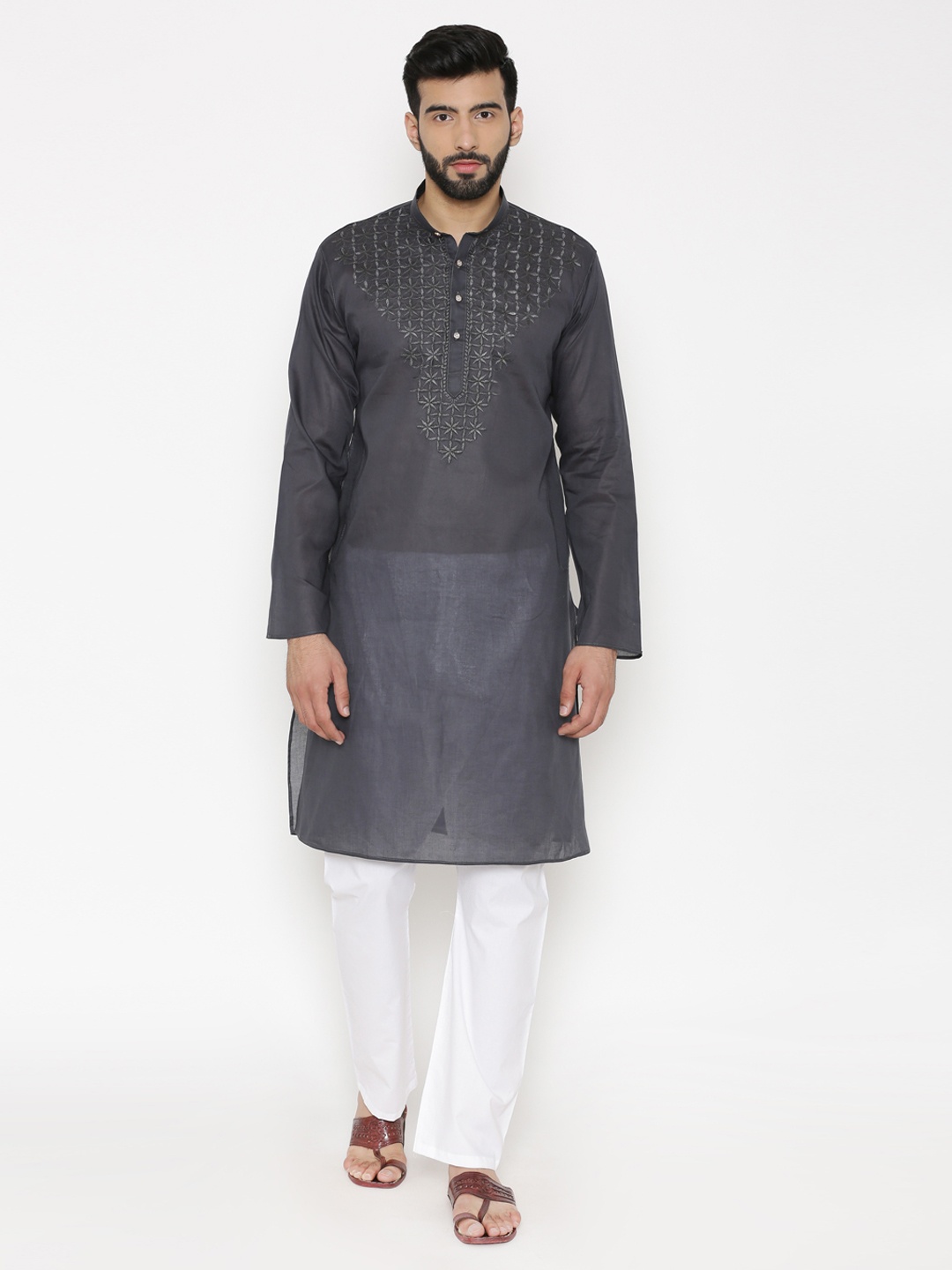

Wintage Men Grey Embroidered Straight Kurta