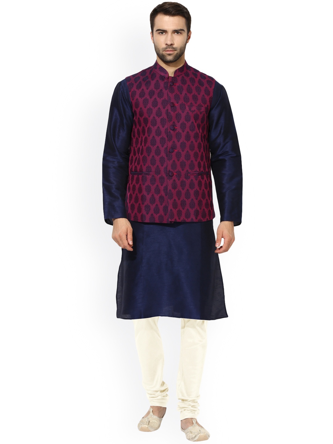 

KISAH Men Navy Blue & Off-White Solid Kurta with Churidar and Waistcoat