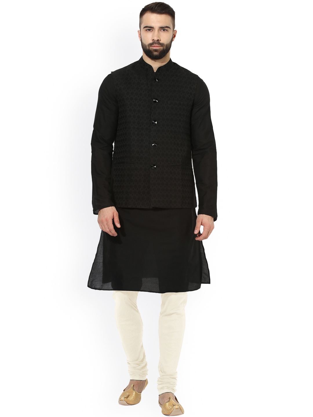 

KISAH Men Black & Off-White Solid Kurta with Churidar and Waistcoat