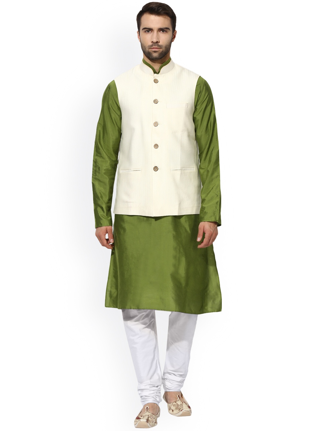 

KISAH Men Olive Green & White Solid Kurta with Churidar and Waistcoat