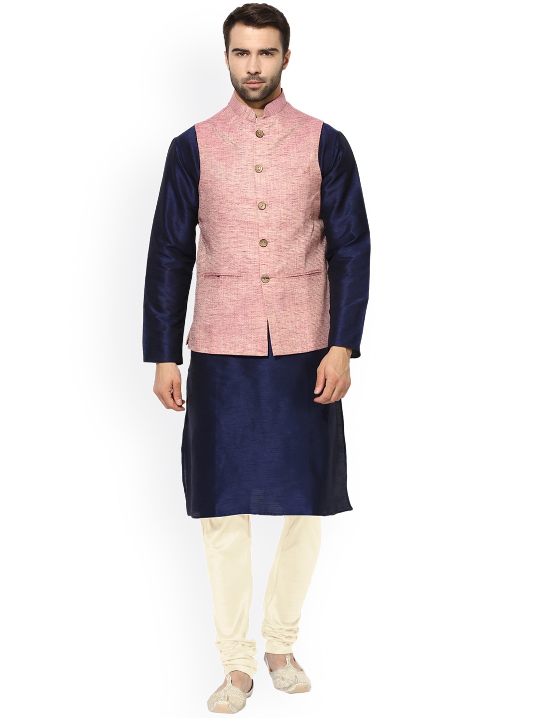 

KISAH Men Navy Blue & Pink Solid Kurta with Churidar and Waistcoat