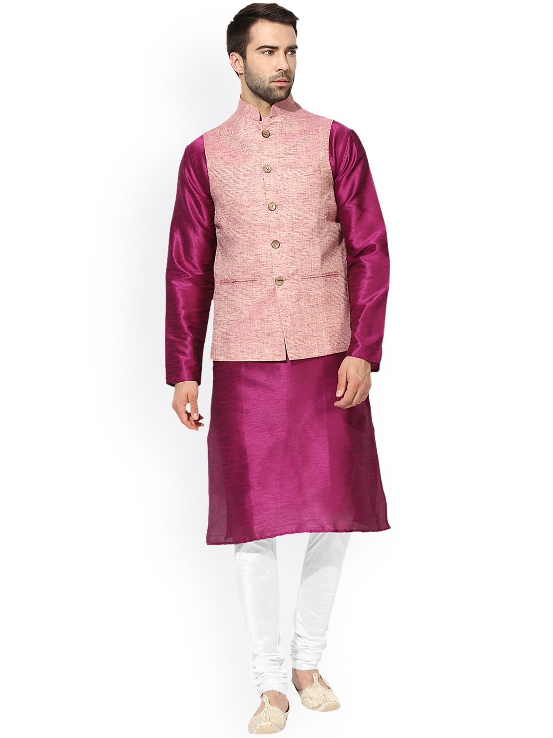 

KISAH Men Magenta & White Solid Kurta with Churidar and Waistcoat