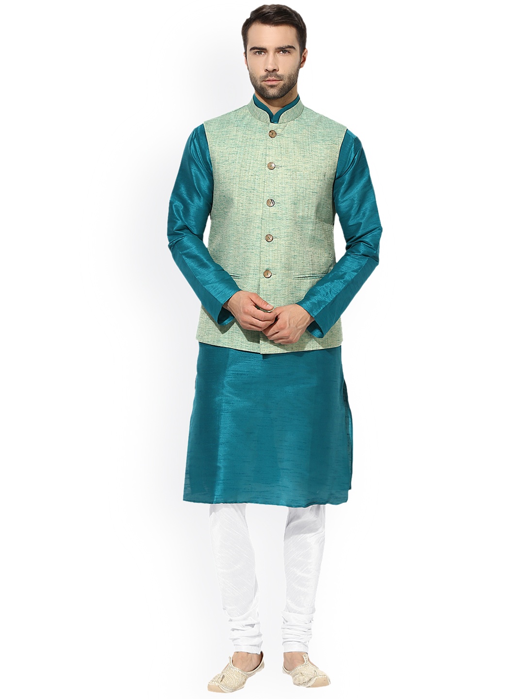 

KISAH Men Teal & Off-White Solid Kurta with Churidar and Waistcoat