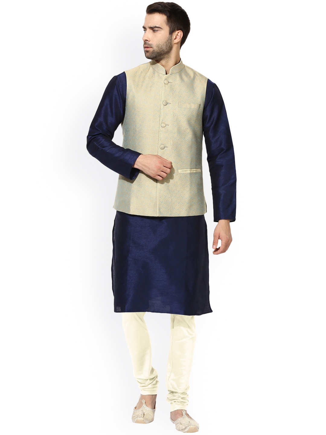 

KISAH Men Navy Blue & Off-White Solid Kurta with Churidar and Waistcoat