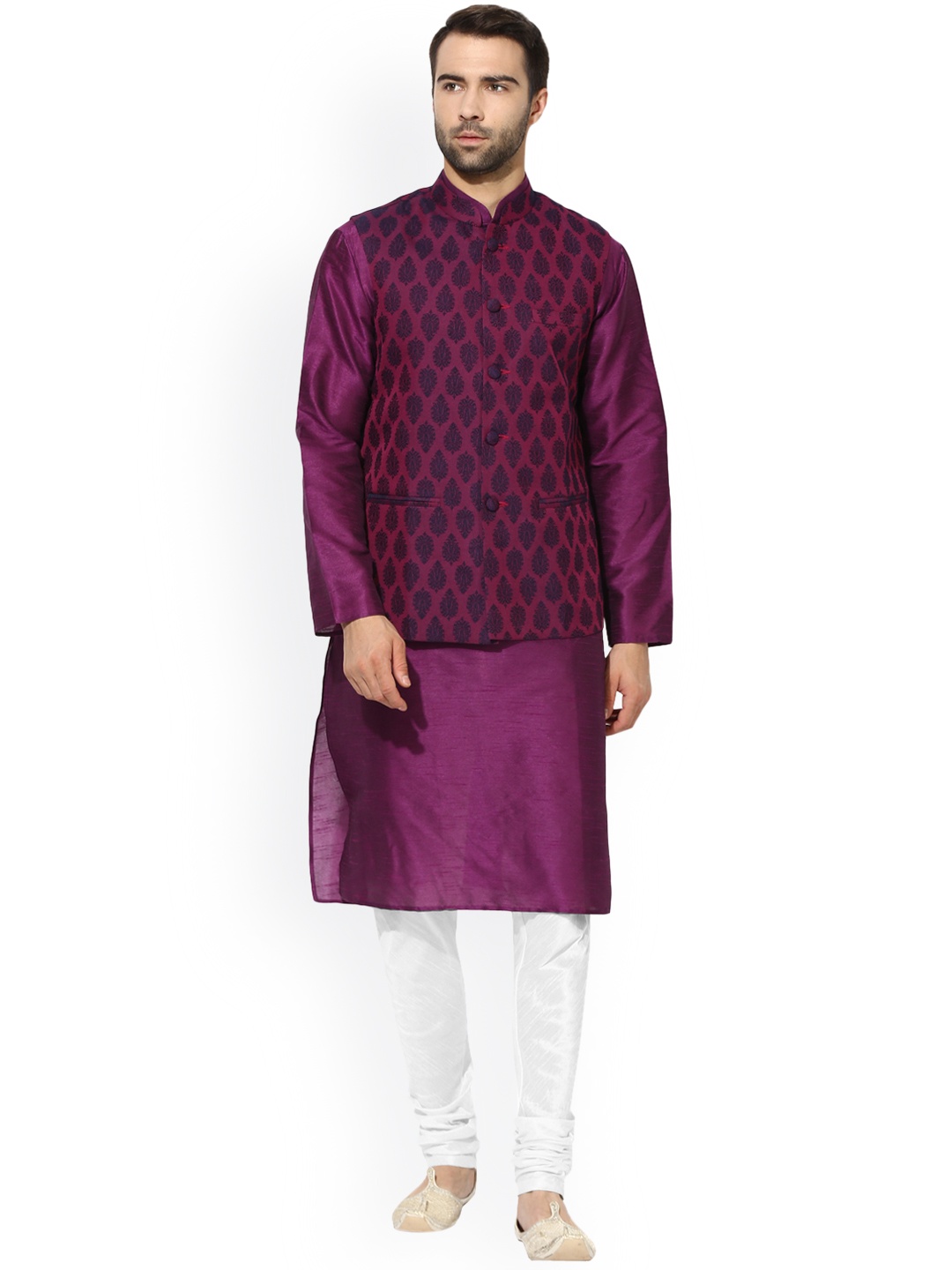 

KISAH Men Purple & Off-White Solid Kurta with Churidar and Waistcoat
