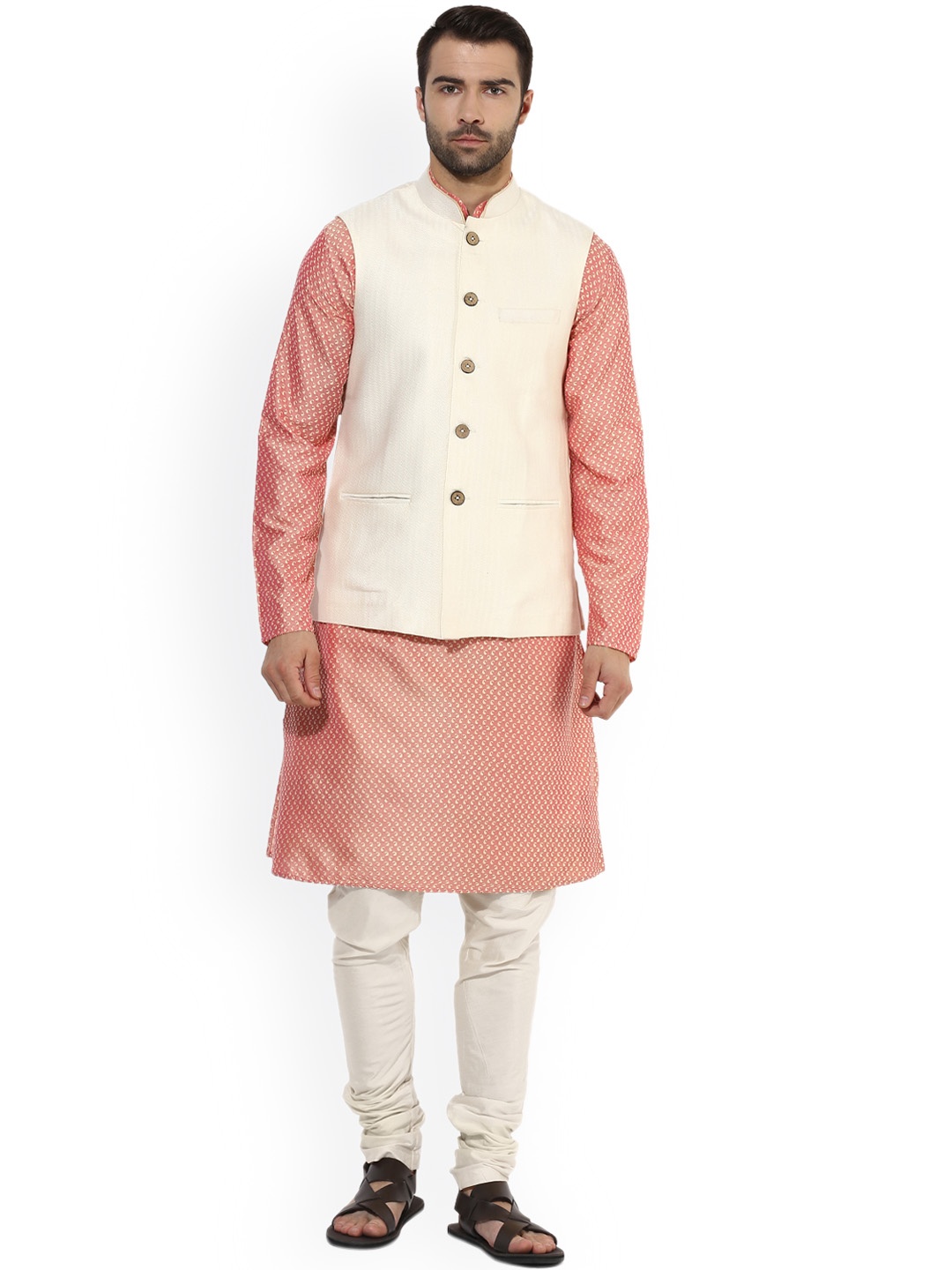 

KISAH Men Pink & Off-White Self Design Kurta with Churidar and Waistcoat