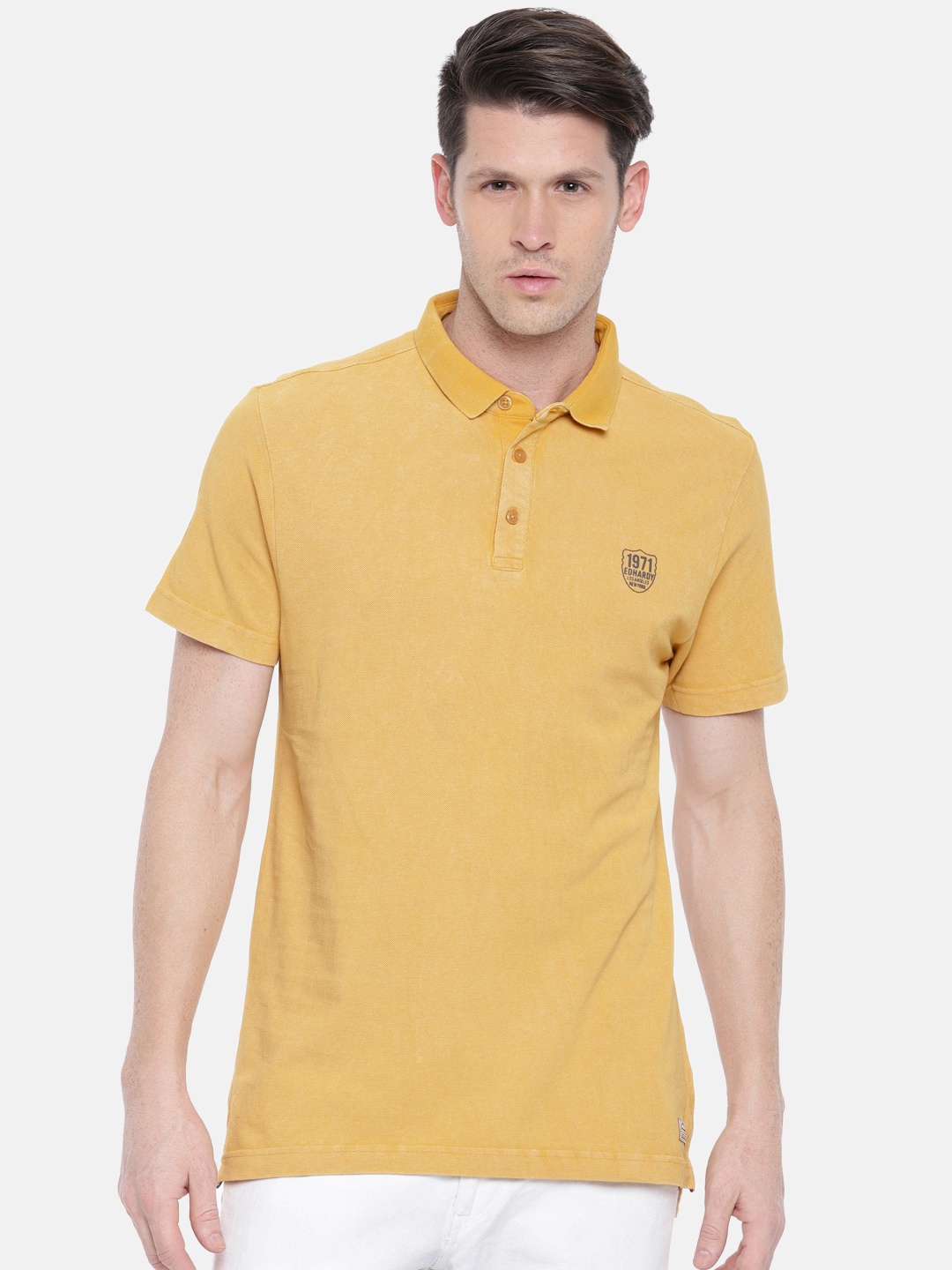 

Ed Hardy Men Mustard Yellow Slim Fit Solid Polo Collar Pure Cotton T-shirt
