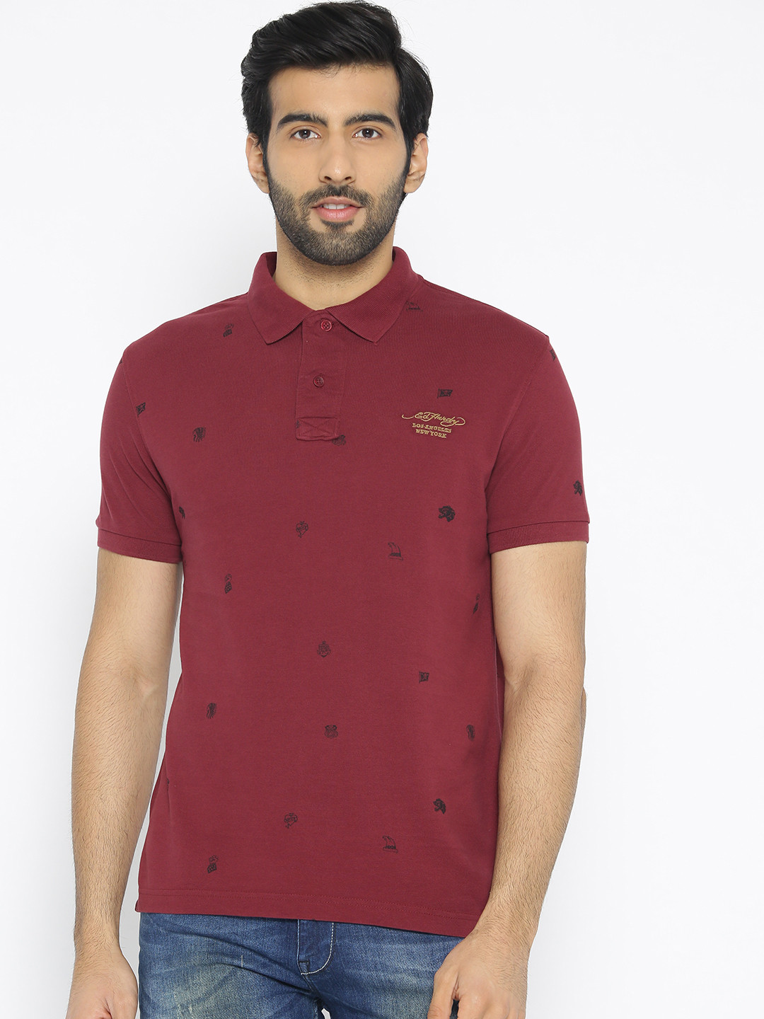 

Ed Hardy Men Maroon Printed Polo Collar T-shirt