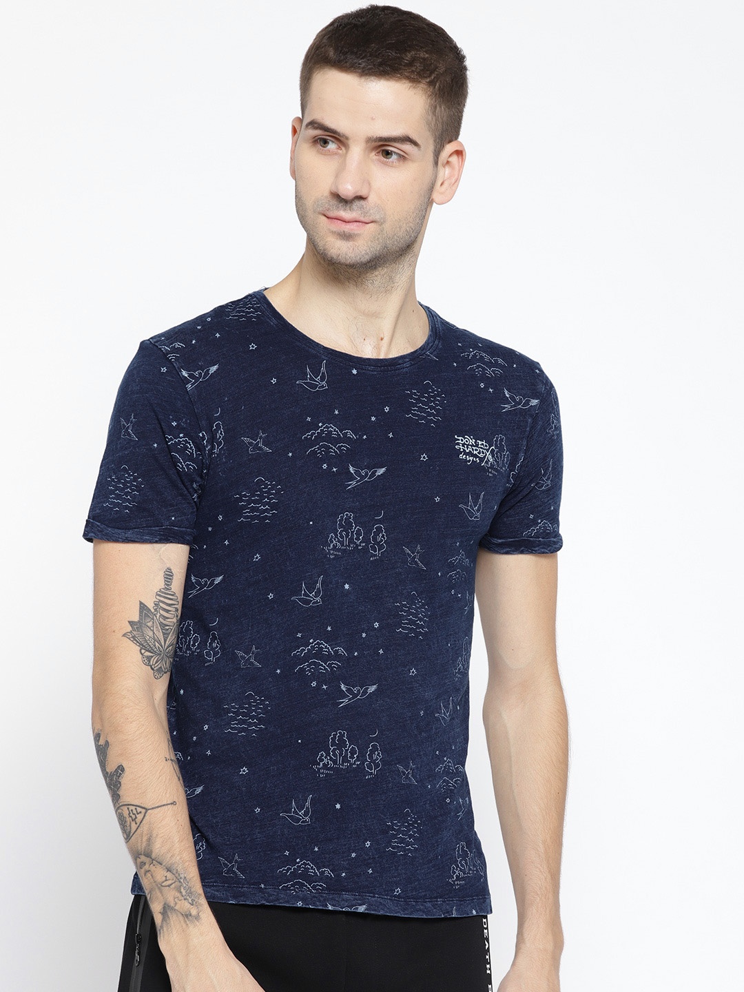 

Ed Hardy Men Navy Printed Round Neck T-shirt, Navy blue