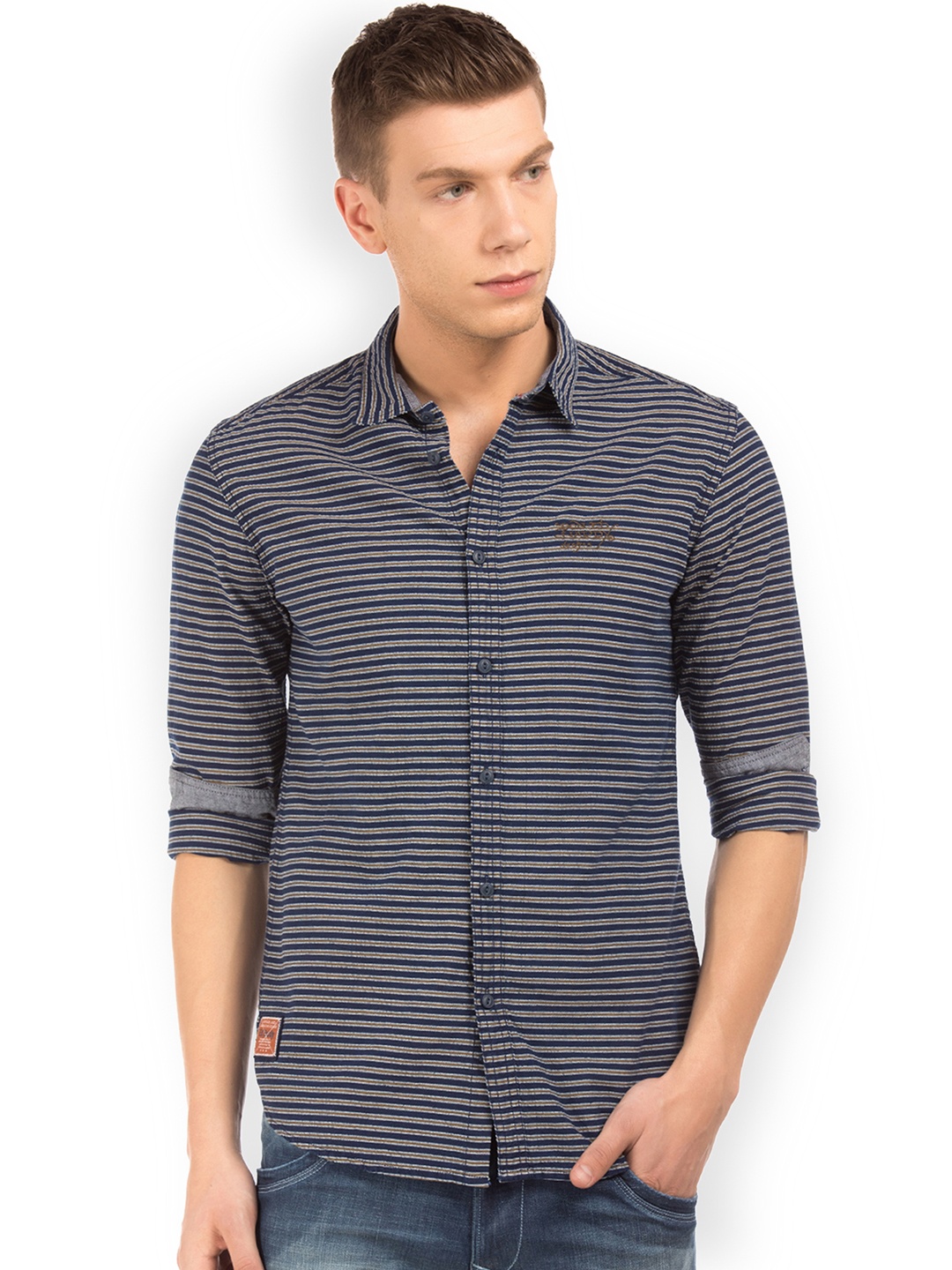 

Ed Hardy Men Navy Blue & Brown Slim Fit Striped Casual Shirt